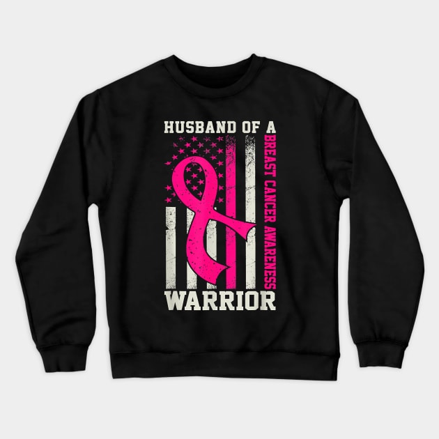 Husband Of A Warrior Breast Cancer Awareness US Flag Ribbon Crewneck Sweatshirt by everetto